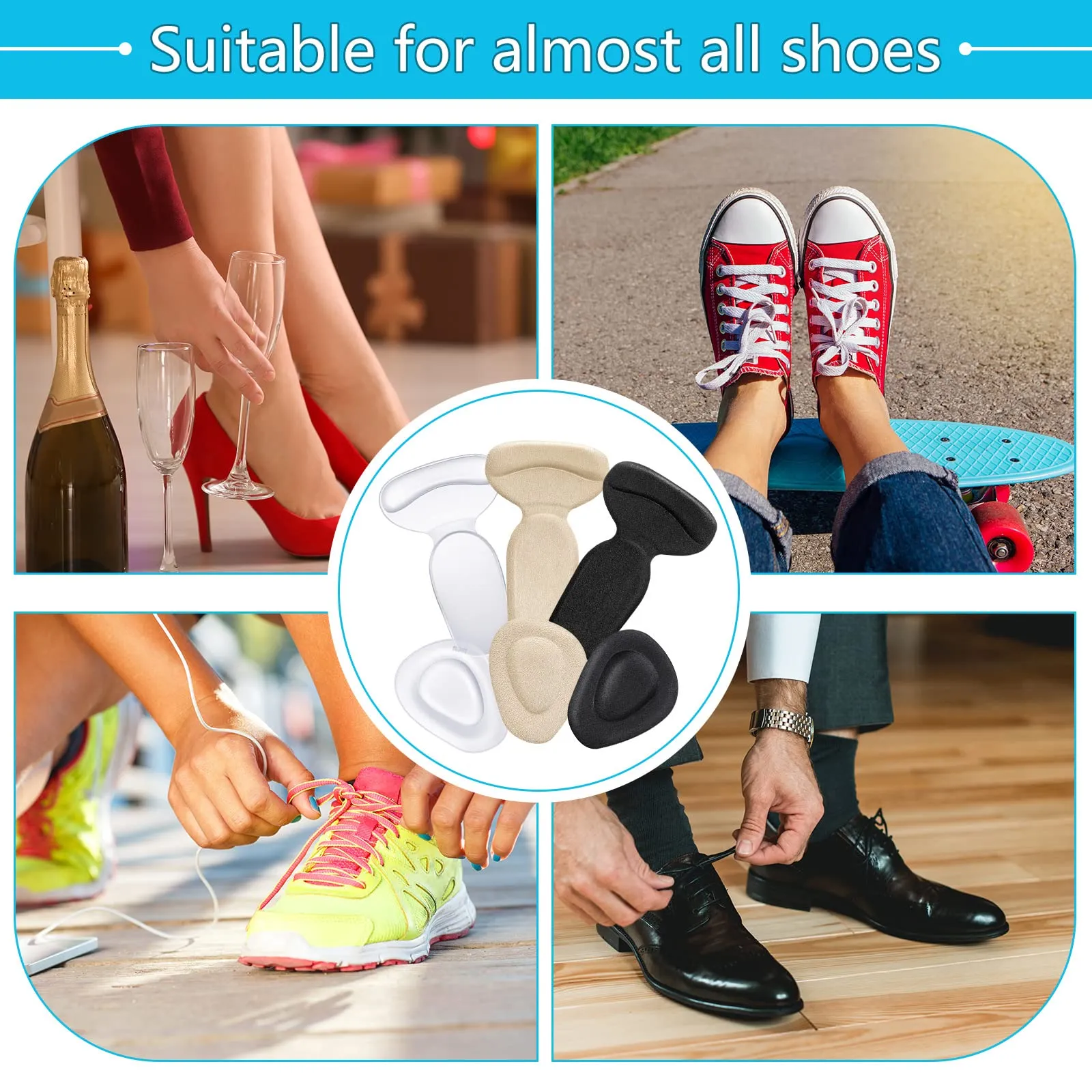 6 Pairs Shoe Inserts for Shoes Too Big Anti Slip High Heel Grip Liners and Metatarsal Pads Ball of Foot Cushions Gel Pads Insoles for Women Men Loose Shoes Blister Prevention (Beige, Black, Clear) Beige, Black, Clear