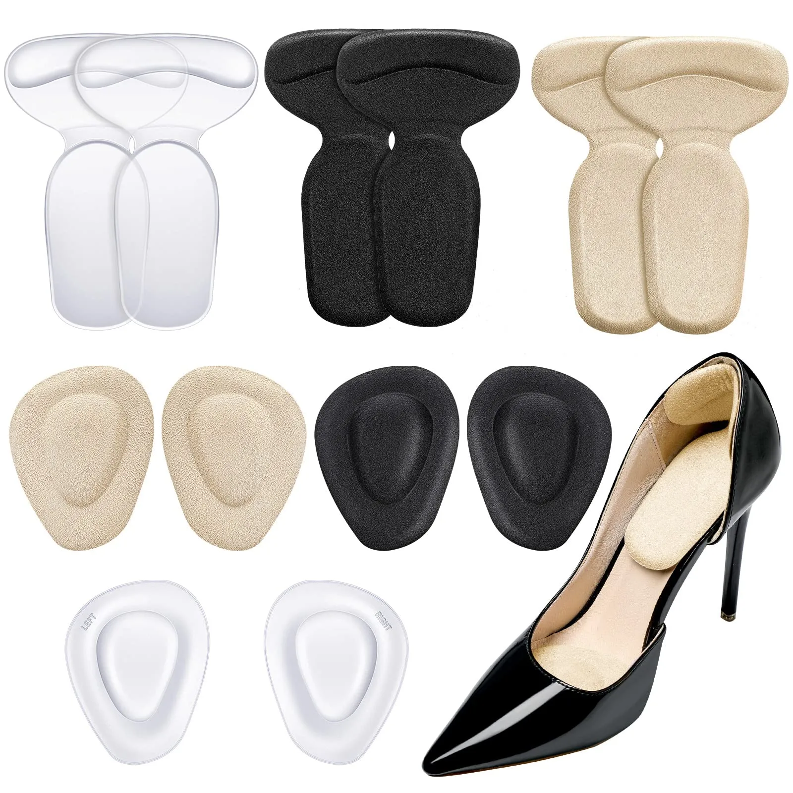 6 Pairs Shoe Inserts for Shoes Too Big Anti Slip High Heel Grip Liners and Metatarsal Pads Ball of Foot Cushions Gel Pads Insoles for Women Men Loose Shoes Blister Prevention (Beige, Black, Clear) Beige, Black, Clear