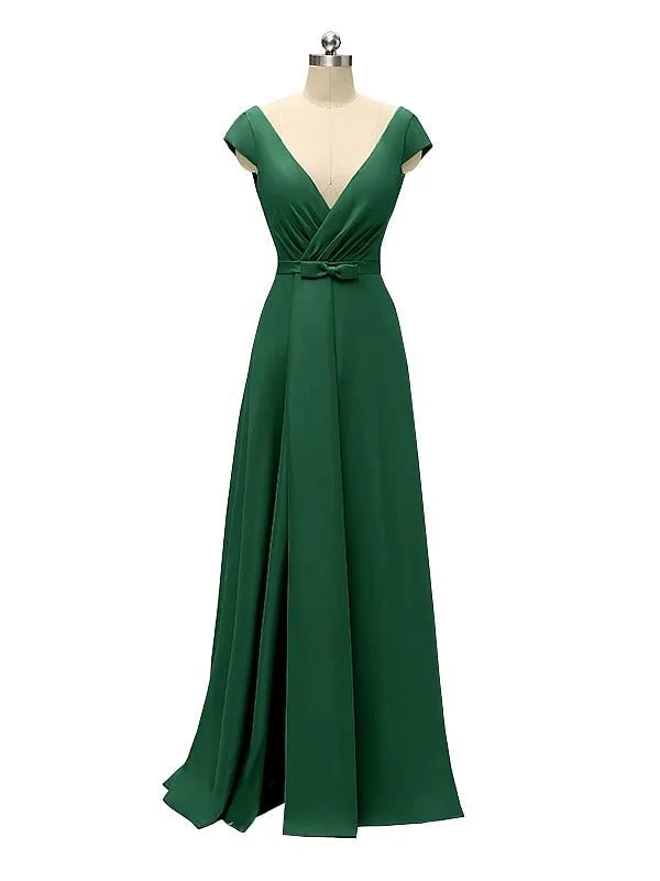 A-line Cap Sleeve Sexy Slit V-neck Floor Length Bridesmaid Dresses