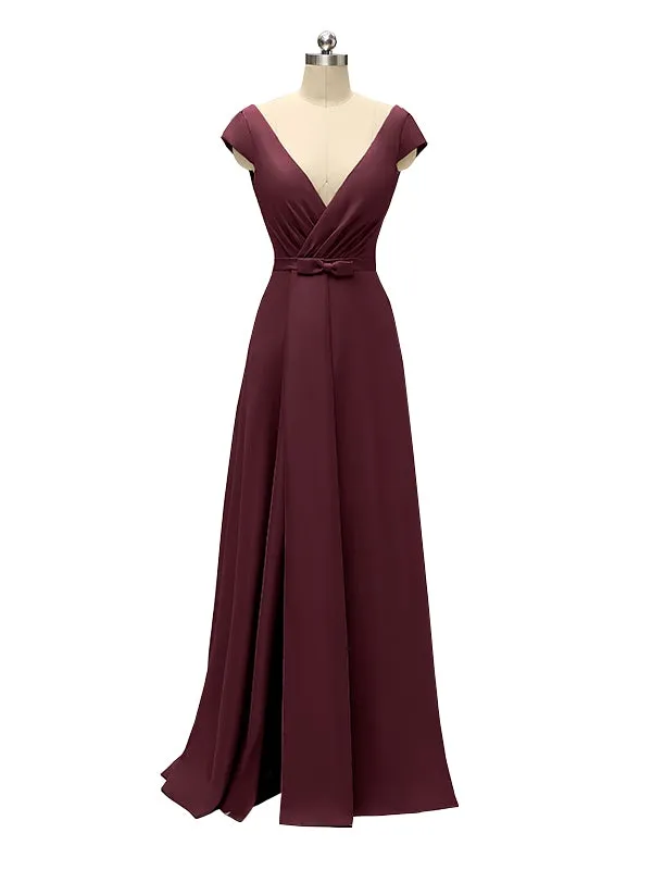 A-line Cap Sleeve Sexy Slit V-neck Floor Length Bridesmaid Dresses