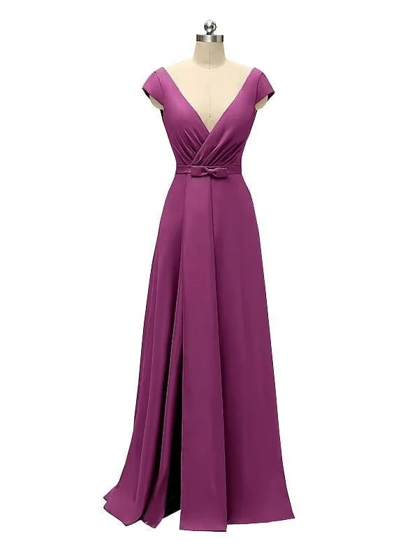 A-line Cap Sleeve Sexy Slit V-neck Floor Length Bridesmaid Dresses