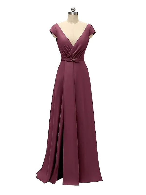 A-line Cap Sleeve Sexy Slit V-neck Floor Length Bridesmaid Dresses