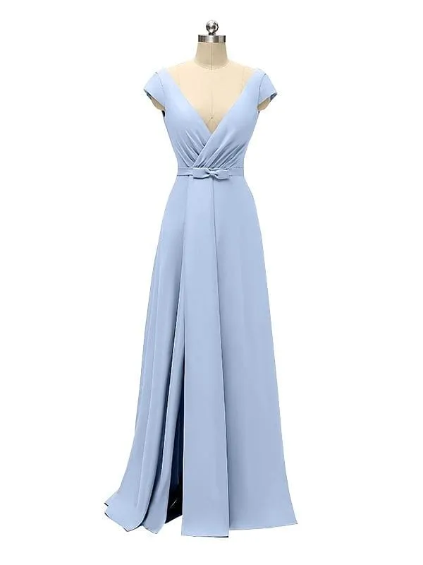 A-line Cap Sleeve Sexy Slit V-neck Floor Length Bridesmaid Dresses