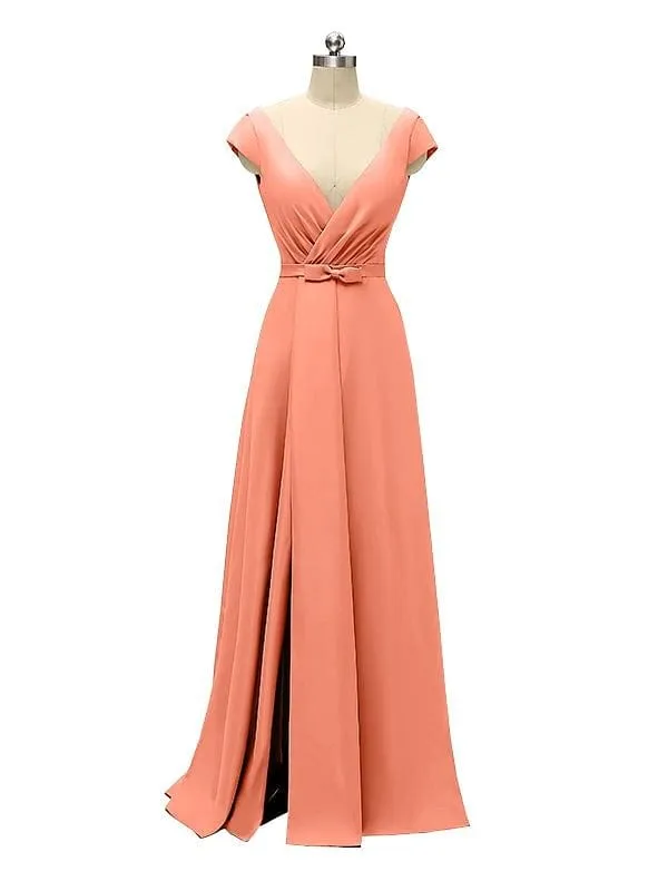 A-line Cap Sleeve Sexy Slit V-neck Floor Length Bridesmaid Dresses