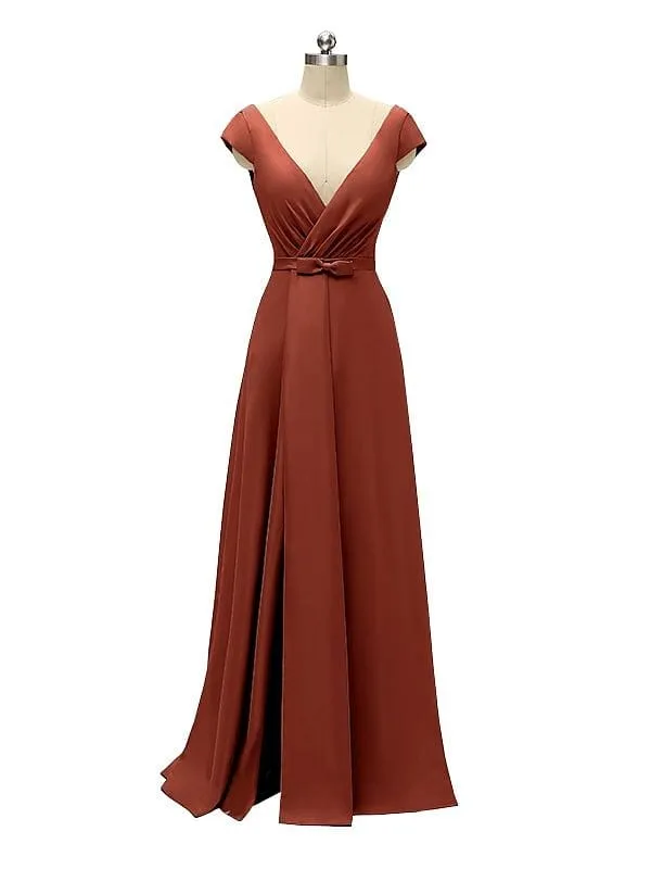 A-line Cap Sleeve Sexy Slit V-neck Floor Length Bridesmaid Dresses