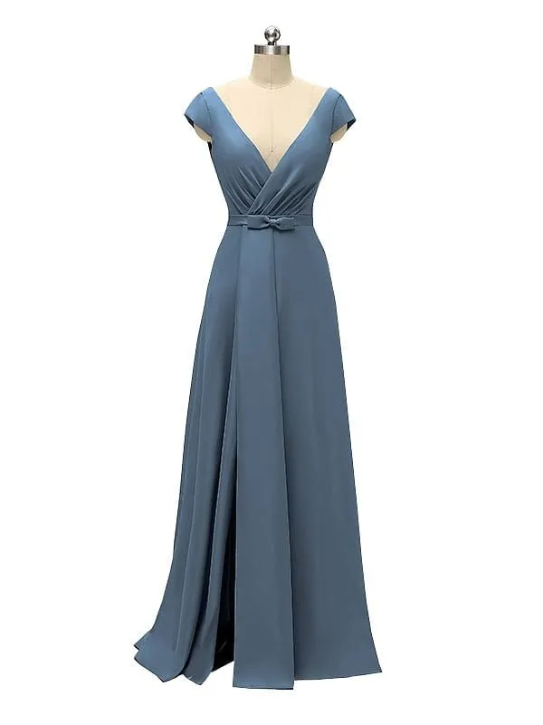 A-line Cap Sleeve Sexy Slit V-neck Floor Length Bridesmaid Dresses