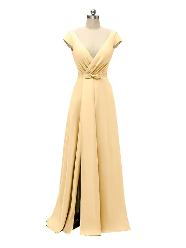 A-line Cap Sleeve Sexy Slit V-neck Floor Length Bridesmaid Dresses