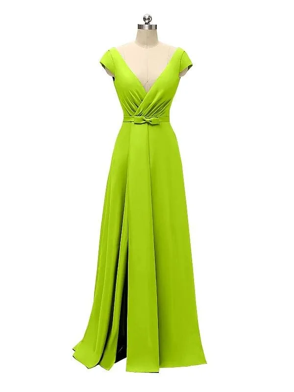 A-line Cap Sleeve Sexy Slit V-neck Floor Length Bridesmaid Dresses