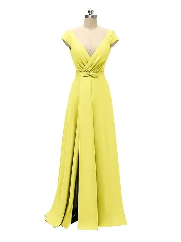 A-line Cap Sleeve Sexy Slit V-neck Floor Length Bridesmaid Dresses