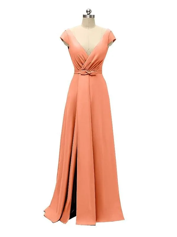 A-line Cap Sleeve Sexy Slit V-neck Floor Length Bridesmaid Dresses
