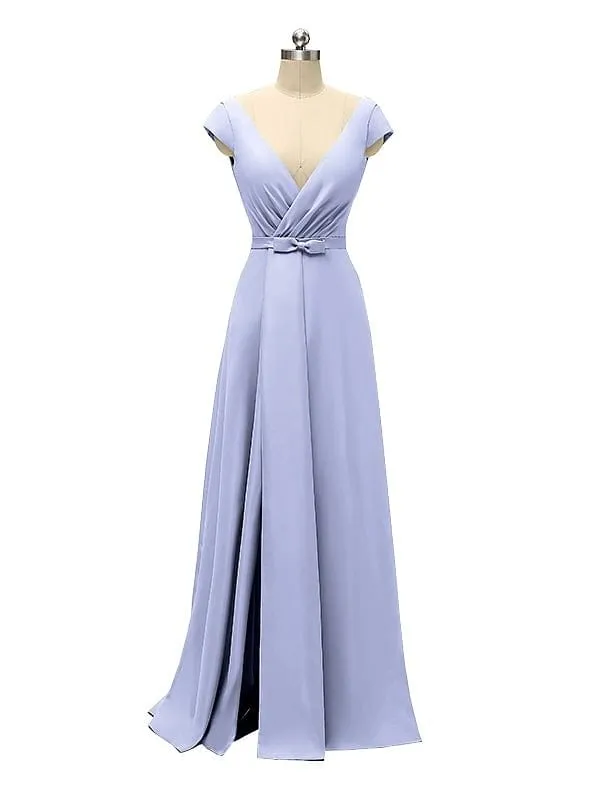 A-line Cap Sleeve Sexy Slit V-neck Floor Length Bridesmaid Dresses