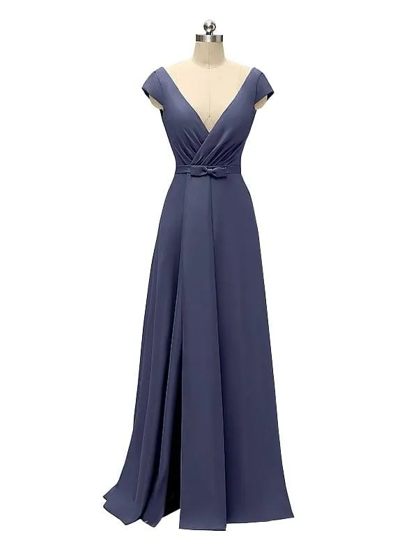 A-line Cap Sleeve Sexy Slit V-neck Floor Length Bridesmaid Dresses