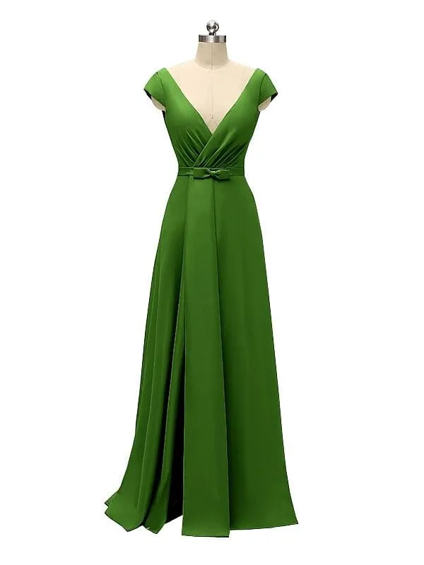 A-line Cap Sleeve Sexy Slit V-neck Floor Length Bridesmaid Dresses