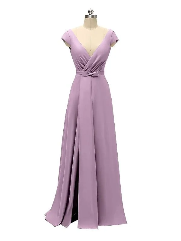 A-line Cap Sleeve Sexy Slit V-neck Floor Length Bridesmaid Dresses