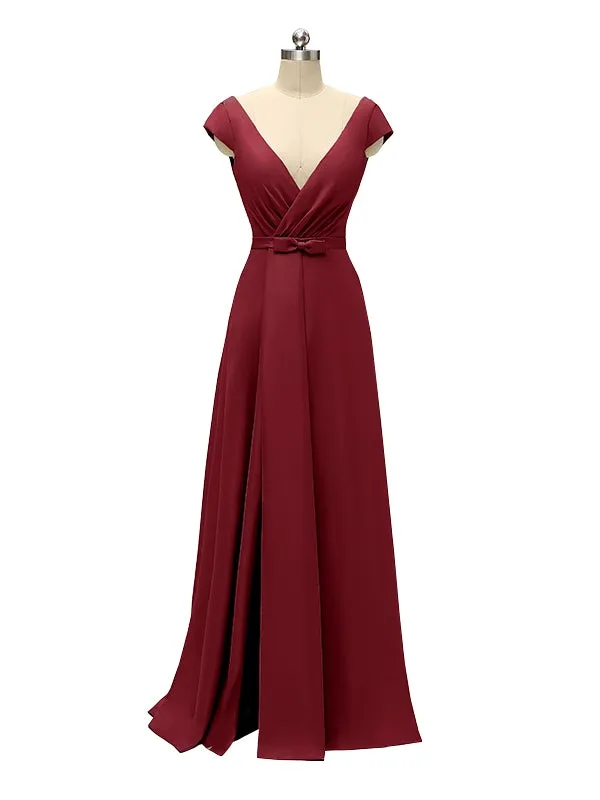 A-line Cap Sleeve Sexy Slit V-neck Floor Length Bridesmaid Dresses