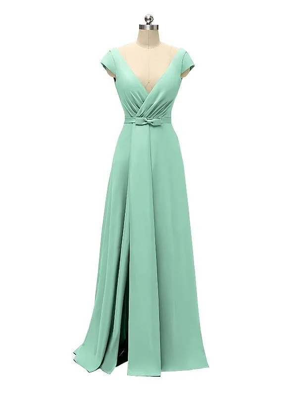 A-line Cap Sleeve Sexy Slit V-neck Floor Length Bridesmaid Dresses