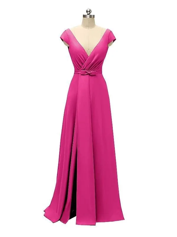 A-line Cap Sleeve Sexy Slit V-neck Floor Length Bridesmaid Dresses