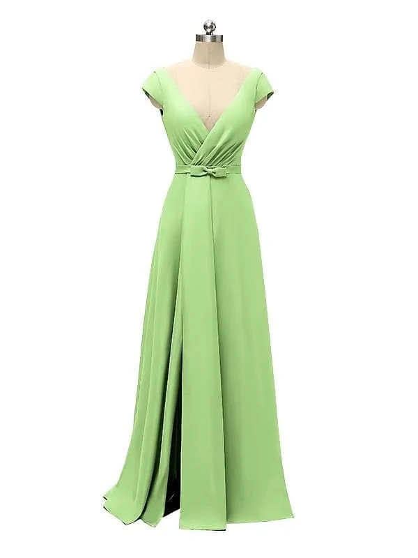 A-line Cap Sleeve Sexy Slit V-neck Floor Length Bridesmaid Dresses