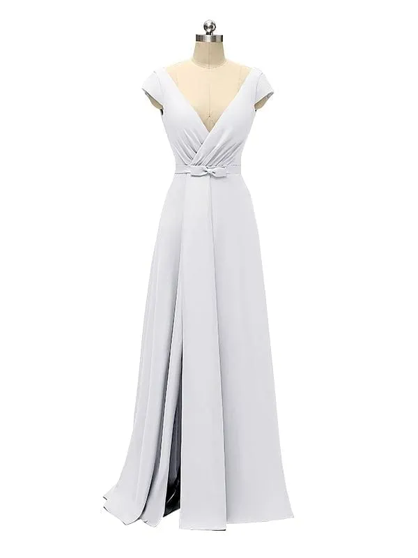 A-line Cap Sleeve Sexy Slit V-neck Floor Length Bridesmaid Dresses