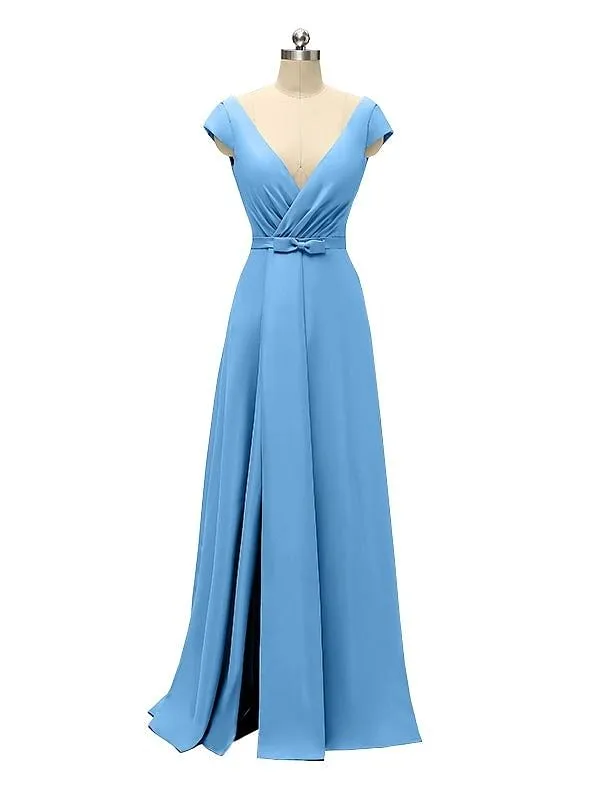 A-line Cap Sleeve Sexy Slit V-neck Floor Length Bridesmaid Dresses