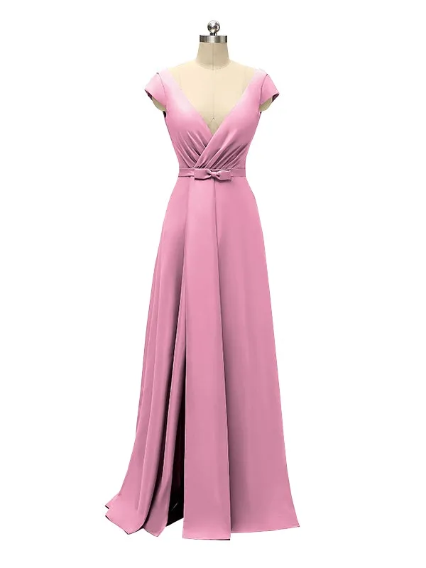 A-line Cap Sleeve Sexy Slit V-neck Floor Length Bridesmaid Dresses