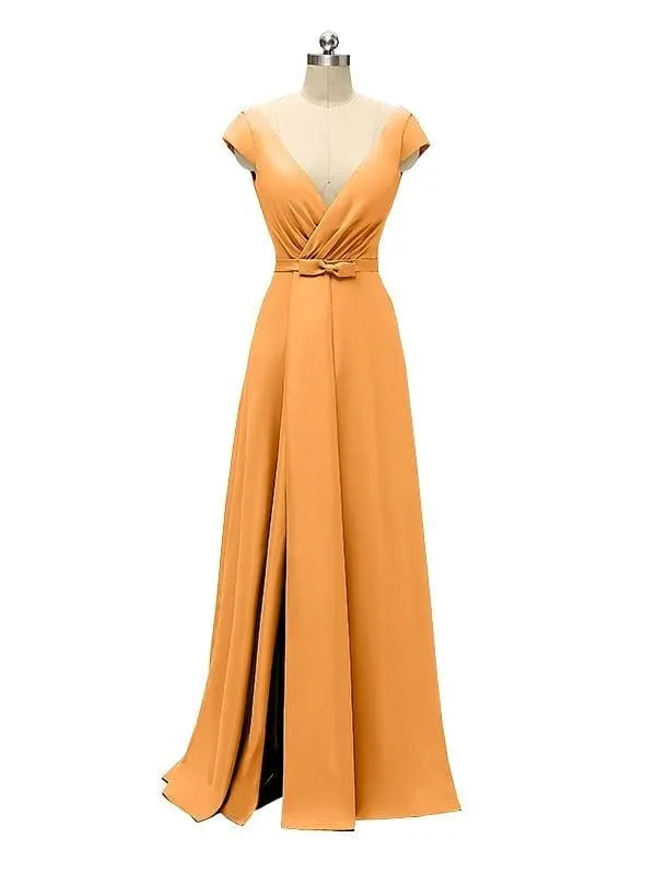 A-line Cap Sleeve Sexy Slit V-neck Floor Length Bridesmaid Dresses