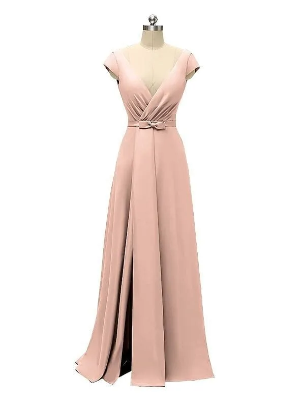 A-line Cap Sleeve Sexy Slit V-neck Floor Length Bridesmaid Dresses