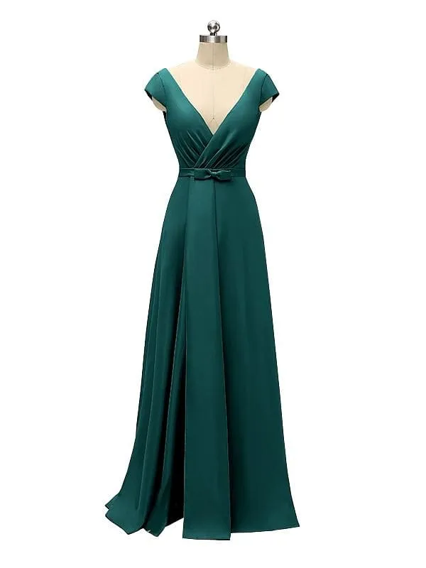 A-line Cap Sleeve Sexy Slit V-neck Floor Length Bridesmaid Dresses