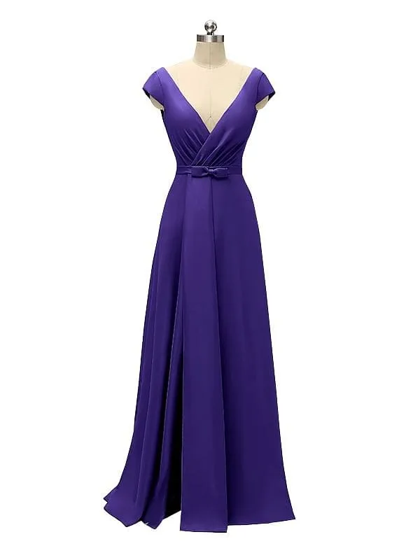 A-line Cap Sleeve Sexy Slit V-neck Floor Length Bridesmaid Dresses