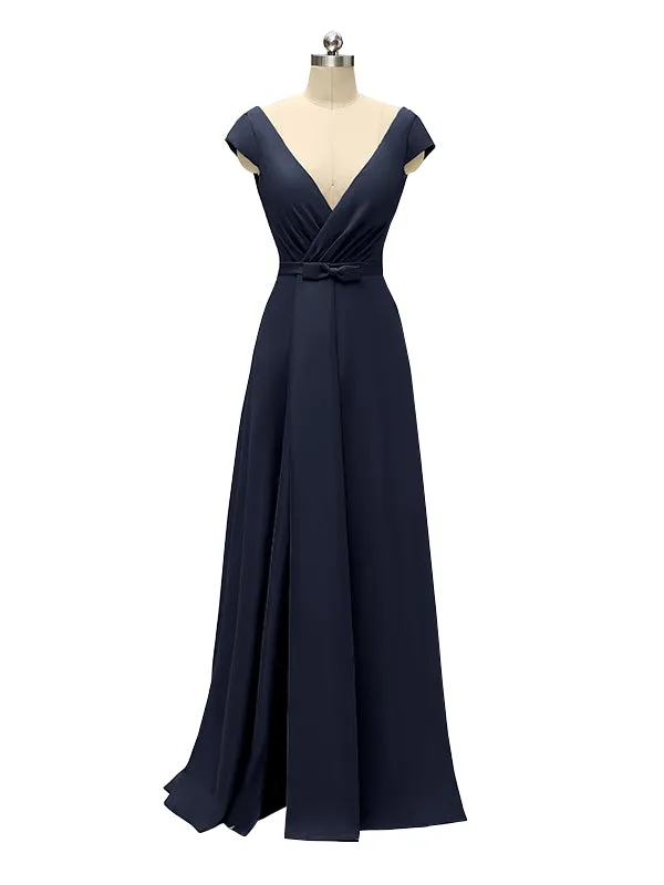 A-line Cap Sleeve Sexy Slit V-neck Floor Length Bridesmaid Dresses