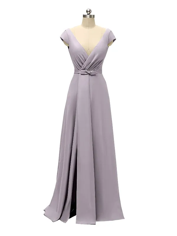 A-line Cap Sleeve Sexy Slit V-neck Floor Length Bridesmaid Dresses