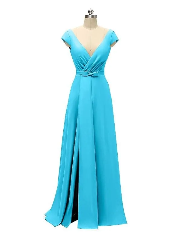 A-line Cap Sleeve Sexy Slit V-neck Floor Length Bridesmaid Dresses