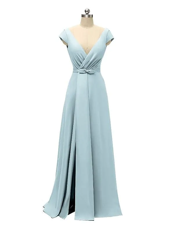 A-line Cap Sleeve Sexy Slit V-neck Floor Length Bridesmaid Dresses