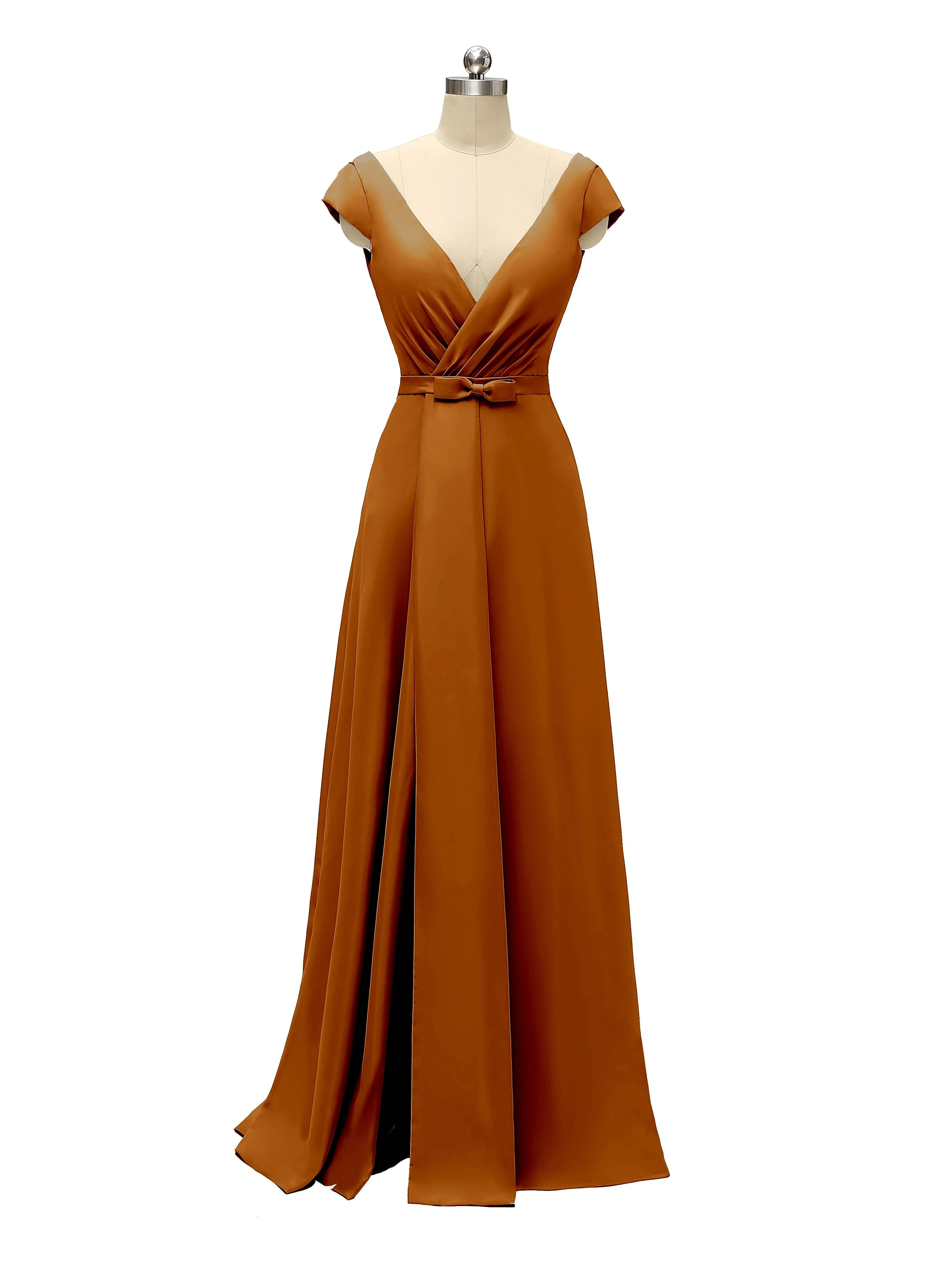 A-line Cap Sleeve Sexy Slit V-neck Floor Length Bridesmaid Dresses