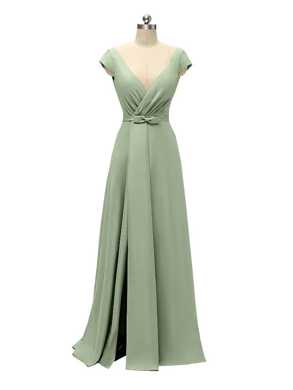 A-line Cap Sleeve Sexy Slit V-neck Floor Length Bridesmaid Dresses