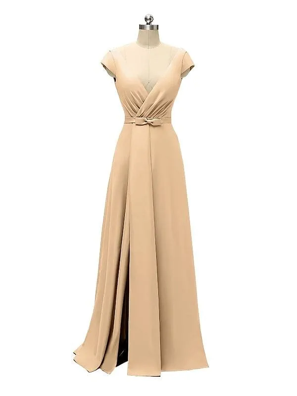 A-line Cap Sleeve Sexy Slit V-neck Floor Length Bridesmaid Dresses