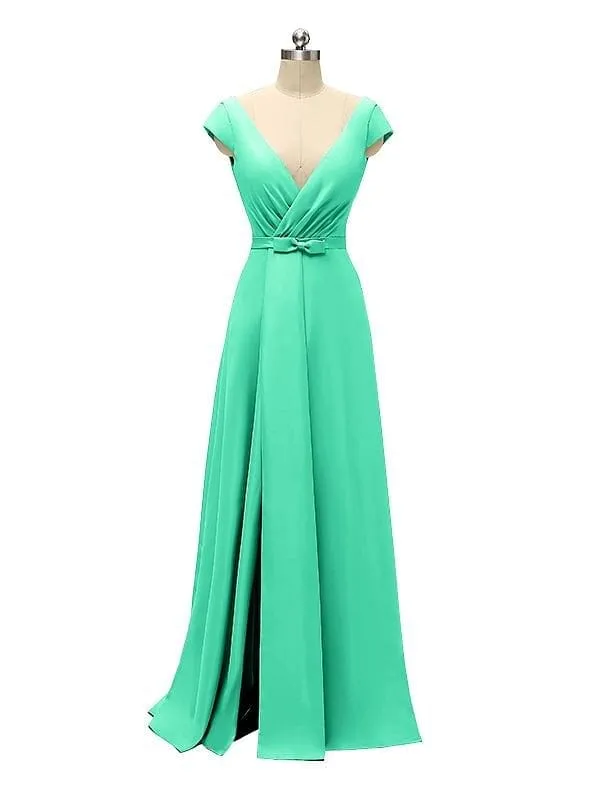 A-line Cap Sleeve Sexy Slit V-neck Floor Length Bridesmaid Dresses