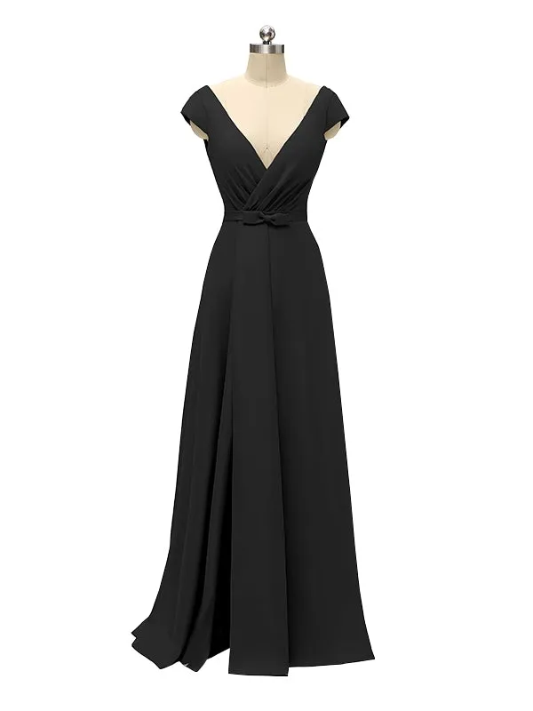 A-line Cap Sleeve Sexy Slit V-neck Floor Length Bridesmaid Dresses