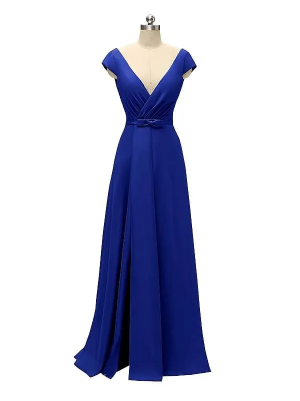 A-line Cap Sleeve Sexy Slit V-neck Floor Length Bridesmaid Dresses