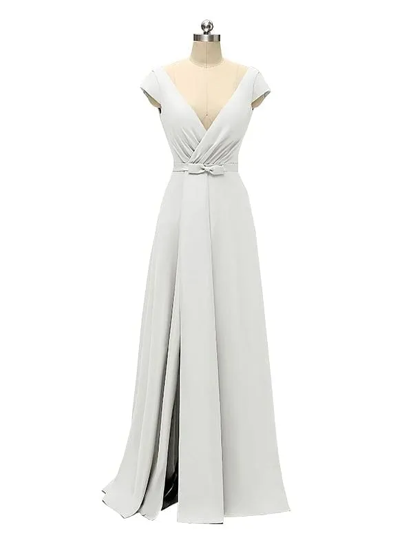 A-line Cap Sleeve Sexy Slit V-neck Floor Length Bridesmaid Dresses