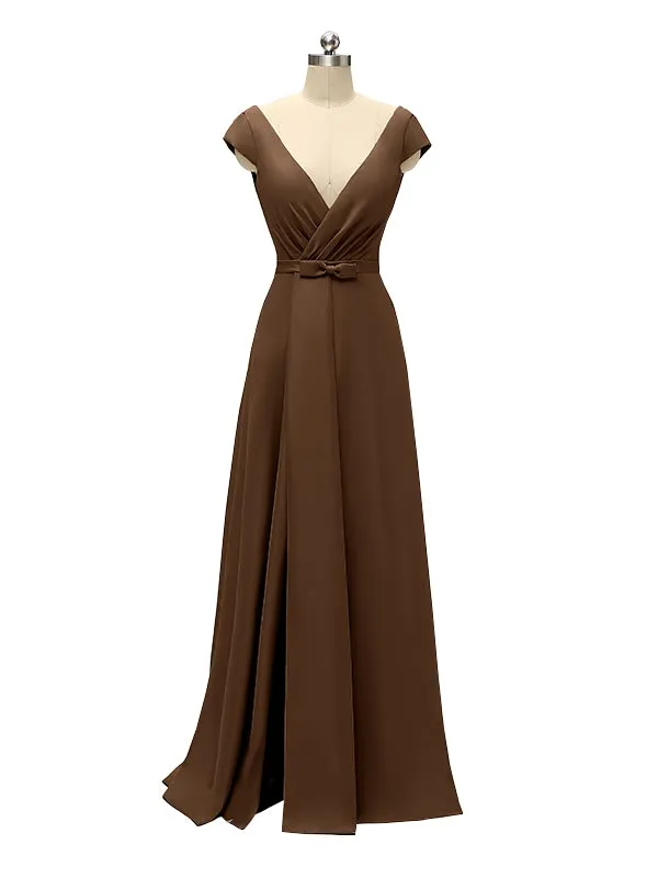 A-line Cap Sleeve Sexy Slit V-neck Floor Length Bridesmaid Dresses