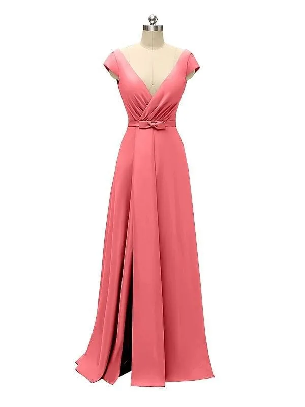 A-line Cap Sleeve Sexy Slit V-neck Floor Length Bridesmaid Dresses