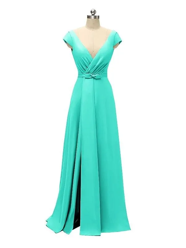 A-line Cap Sleeve Sexy Slit V-neck Floor Length Bridesmaid Dresses