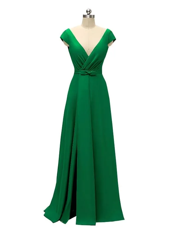 A-line Cap Sleeve Sexy Slit V-neck Floor Length Bridesmaid Dresses