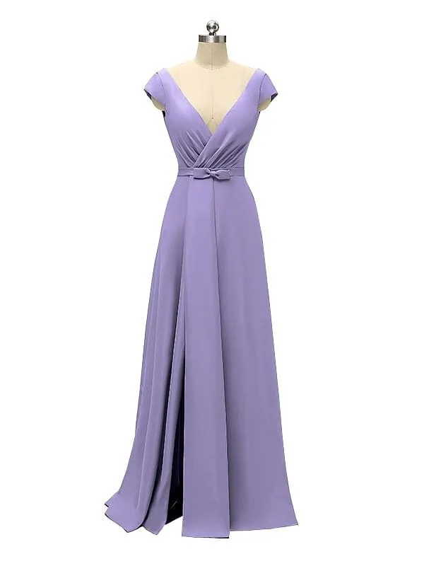 A-line Cap Sleeve Sexy Slit V-neck Floor Length Bridesmaid Dresses