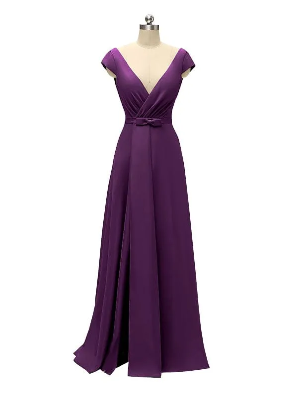 A-line Cap Sleeve Sexy Slit V-neck Floor Length Bridesmaid Dresses