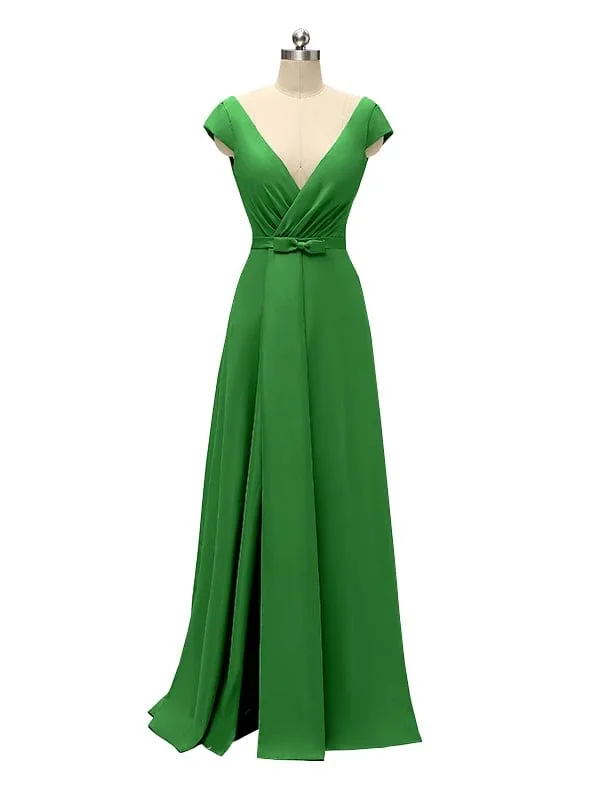 A-line Cap Sleeve Sexy Slit V-neck Floor Length Bridesmaid Dresses