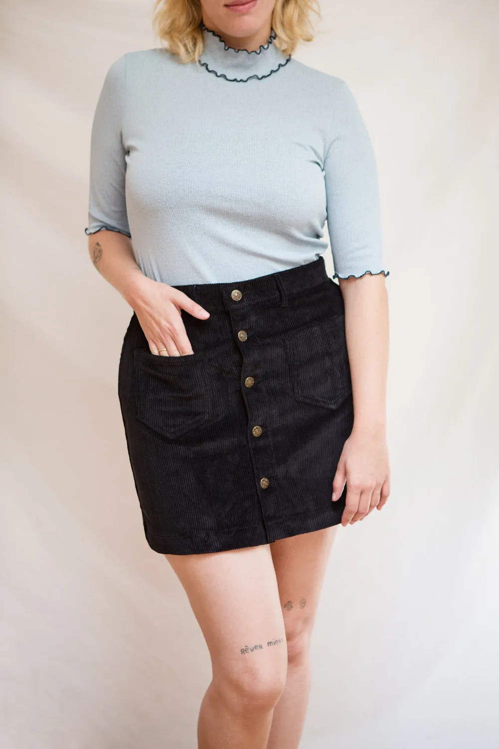Acy Black | Short Corduroy Skirt w/ Buttons