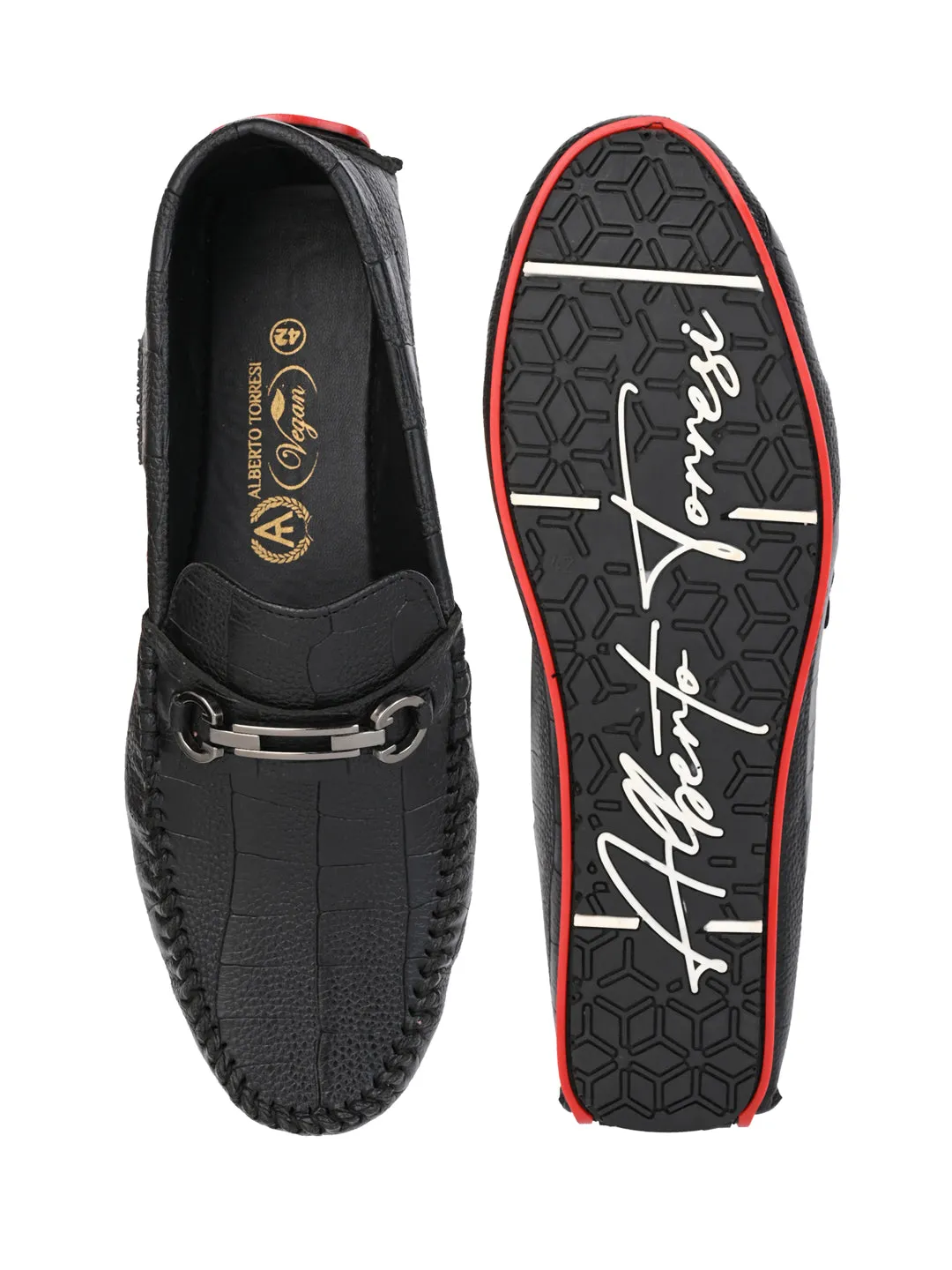 Alberto Torresi Black Round Toe Loafers With Metal Accent
