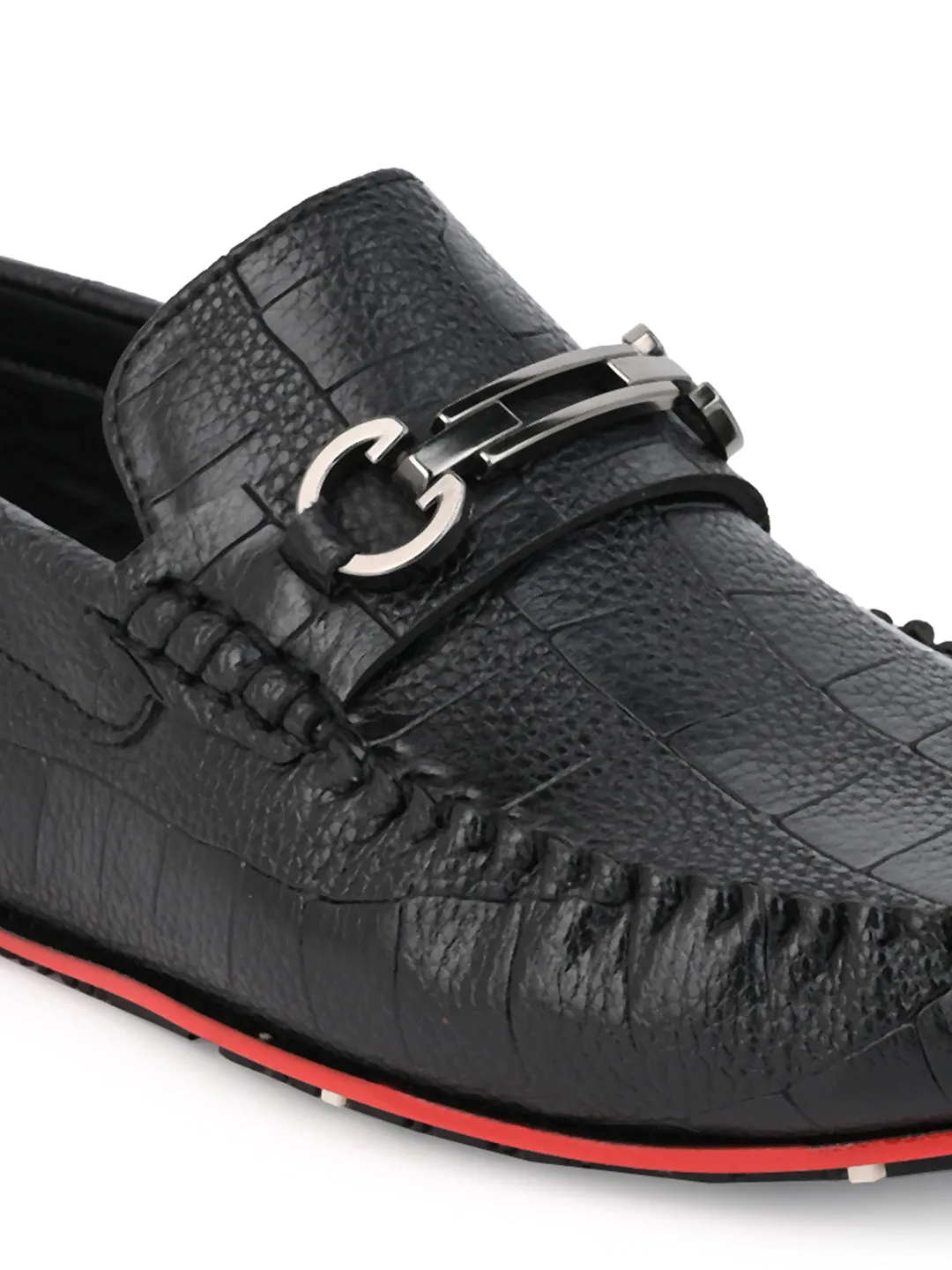 Alberto Torresi Black Round Toe Loafers With Metal Accent